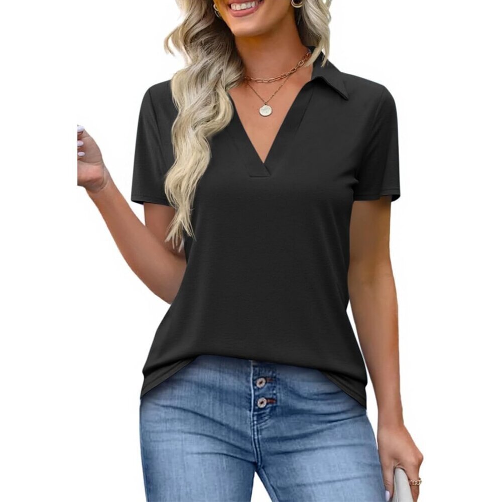 Women’s Short Sleeve Polo Shirt V-Neck Casual Business Summer Top